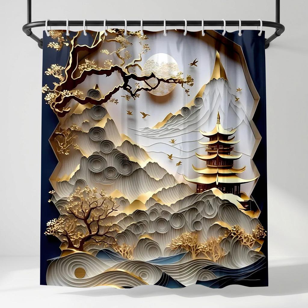 

3D Paper Cut Oriental Landscape Shower Curtain, Gold Pagoda Mountain Bathroom Decor, Chinese Zen Art Fabric Bathroom Curtain W60H190(CM)-1 Pcs