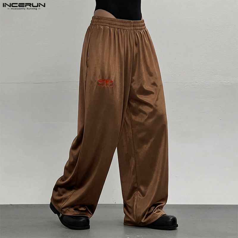 INCERUN Men's Y2K Glossy Baggy Wide Leg Pants Streetwear Hip Hop Casual Elastic Waist Bottoms