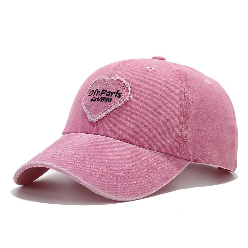 Korean Hat Women's Fashion Autumn and Winter Love Embroidery Washed Baseball Cap Pink Cap Retro Couple Visor