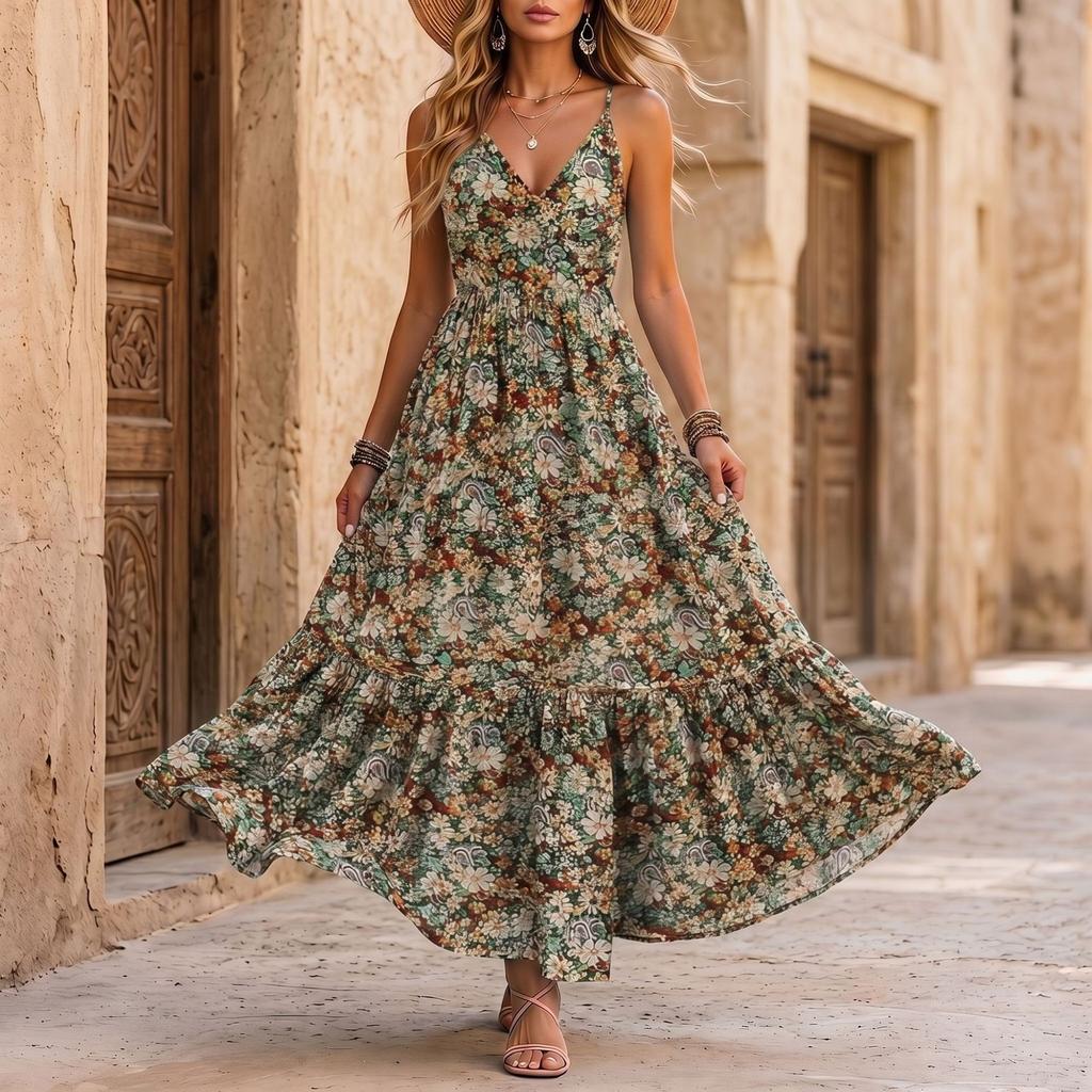 Damen Freizeit Maxikleid mit Blumendruck und Spaghettiträgern Leicht Ärmellos Strandurlaub Langes Sommerkleid Lockerer Schnitt Sommerkleid