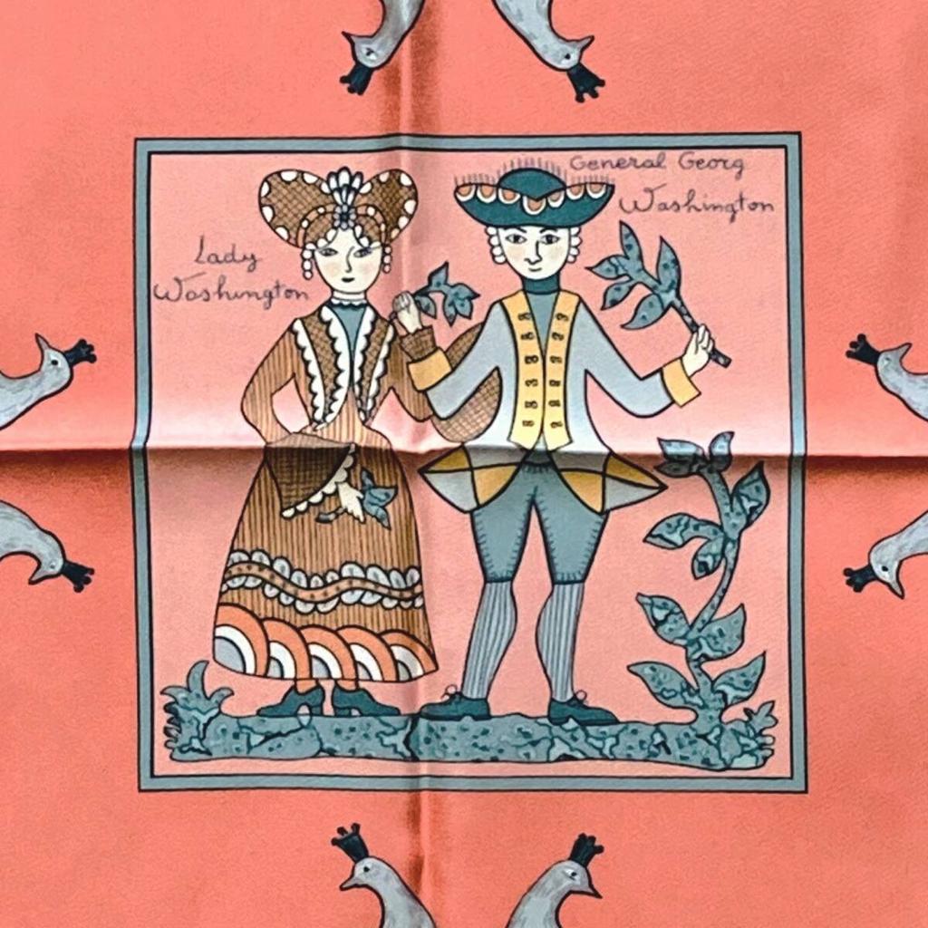 [USED]HERMES Carre EARLY Salmon Pink and Other [Excellent Condition] Scarf, 90, AMERICA, 100% Silk, Colors. Luxury, Popular, Rare, Brand.