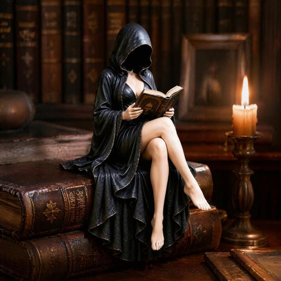 Statua Decorazione Casa Letteraria Gotica Lettore, Statuetta Scheletro Incappucciato in Resina, Statua Seduta con Libro Display Unico per Libreria, Scrivania Biblioteca