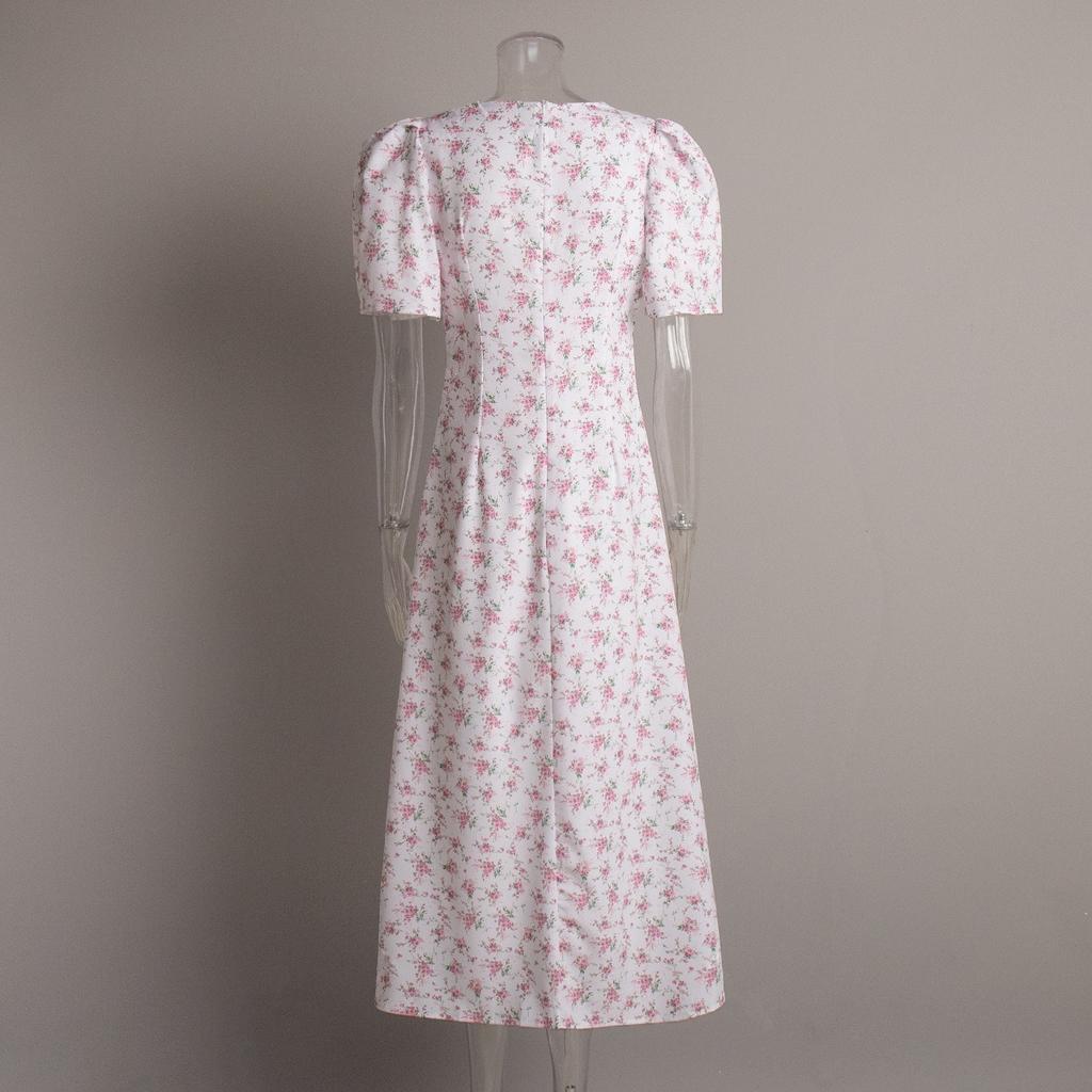 Summer New Women's V-neck Structured Shoulder High Waist Long Floral Print Short Sleeve Dress, European & American Style