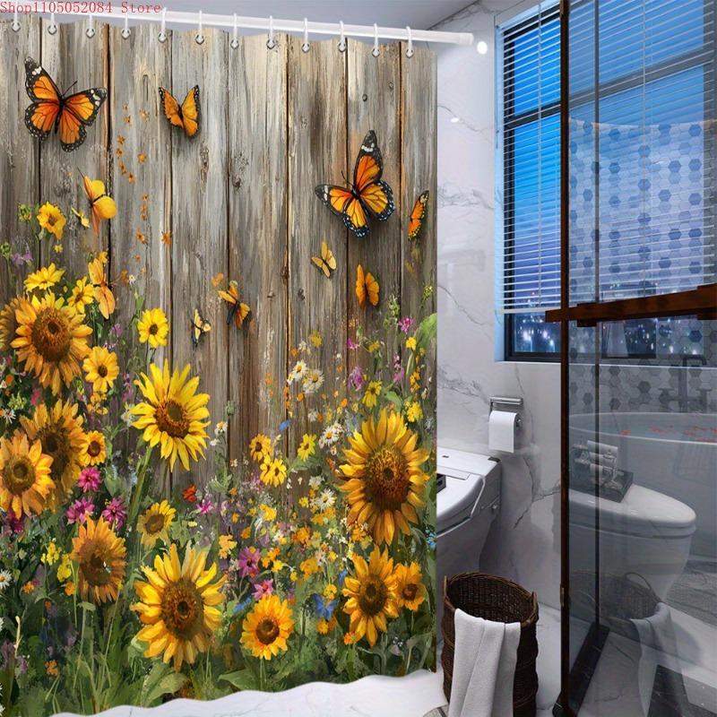 1Pc Rustic Wooden Fence Shower Curtain Whimsical Garden - With Hooks Waterproof Mildew Proof Easy Install Washable