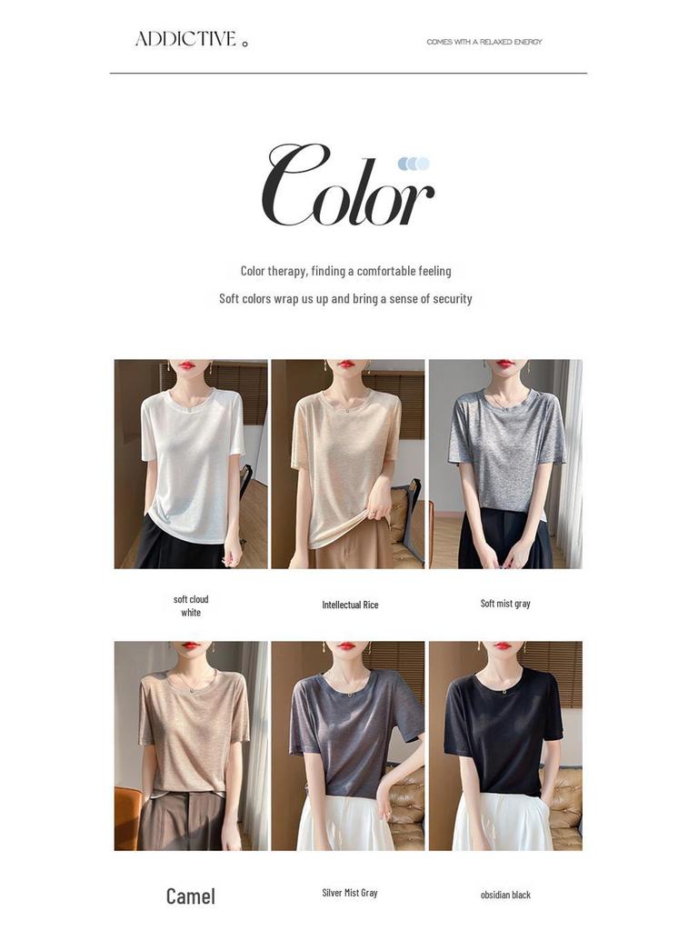 Tencel Women's Breathable Round Neck Short Sleeve Top - Spring & Summer Versatile Loose Fit
