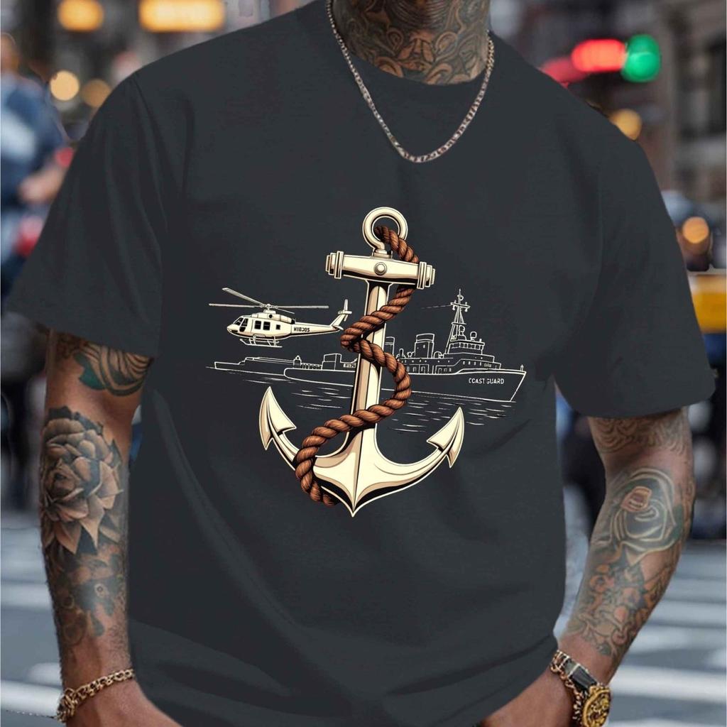 Nautical Anchor Coast Guard Helicopter Graphic Mens Casual Cotton Crew Neck TShirt Short Sleeve
