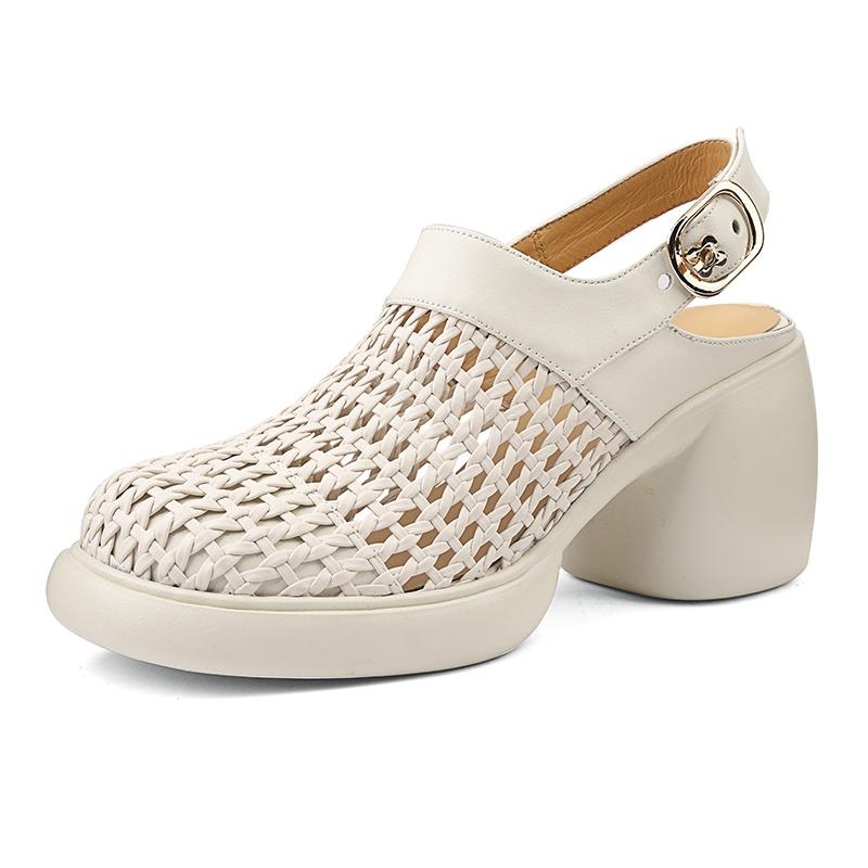 Fashion Women's New Woven Round Toe Genuine Leather Cowhide Thick Sole, Thick Heel, High-heeled Toe, Mueller Sandals, Perforated Shoes