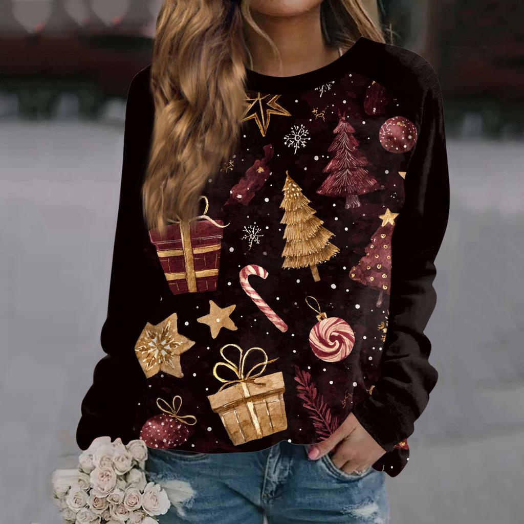 Women's Fashion Casual Long Sleeve Christmas Printed  Neck Sweatshirt Top