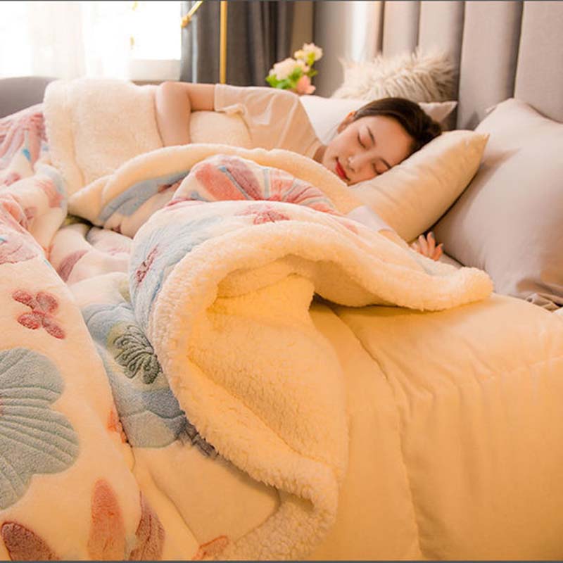 Lamb Wool Blanket Thickened Double Layer Flannel Keep Warm Quilt with Cotton Wadding Soft Sheet Double/single Bed Household Bedding Autumn Winter