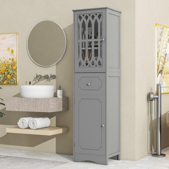 Bathroom Cabinet with Drawer Dual Doors 2 Compartments Adjustable Shelf Hollow Modern Freestanding Tall Floor Narrow Storage Cabinet