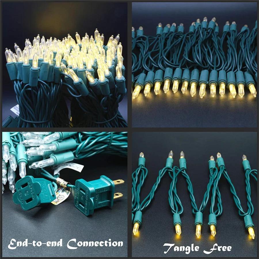 100Counts Green Wire Mini Christmas String Lights Connectable Incandescent Bulbs Fairy Light Garland for Christmas Tree Decor