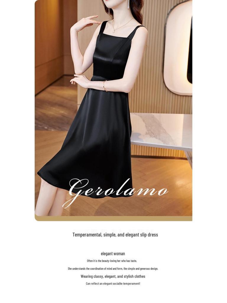 Women's 2023 Slim-Fit Satin Dress: Square Neck, Patchwork, Age-Reducing Summer Fashion