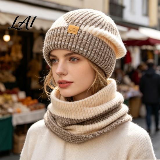 Comfortable Thermal Winter Gear Hat Neck Warmer Set Fleece Lined Knitted Hat Thickened Warm Stylish Gift for Her Knit And Scarf Women Cold
