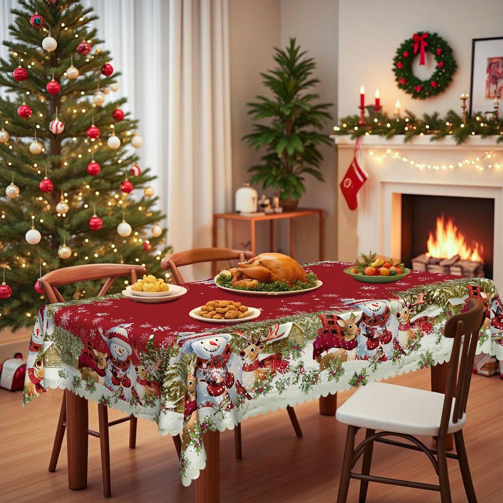Christmas Tablecloth Snowman Elk Cartoon Print Red Waterproof Dining Table Cloth Dining Table Round Rectangular Decorative Cloth