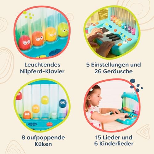 B. toys Hippo Pop Musical Keyboard Toy - Light Up Piano with Sounds & Songs - Musical Instrument for Toddlers & Kids 12 Months+