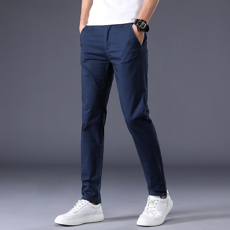 Pantalones Casuales Finos de Verano para Hombre Colores Algodón Estilo Clásico Elásticos Rectos Ajuste Delgado Moda de Negocios Pantalones Largos Masculinos