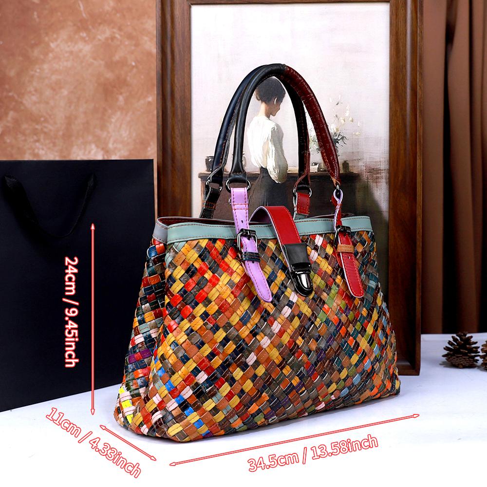 Fashion Handcrafted Leather Basket Weave Handbag Large Capacity Single Shoulder Slant Cross Bag Simple Retro Style