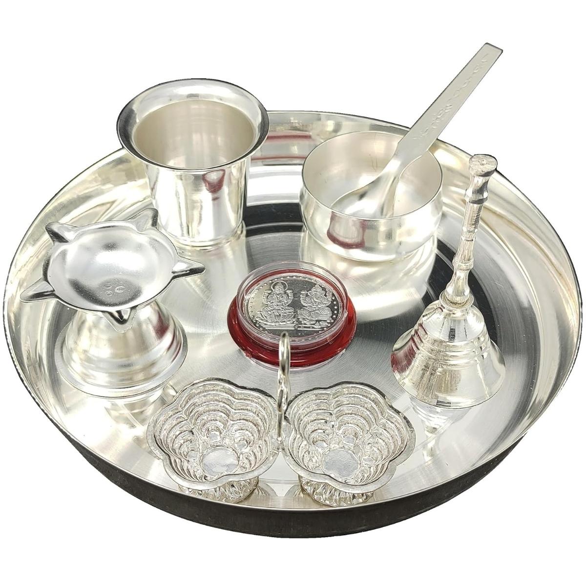 Silver Plated Pooja thali Set 17.78 CM Festival Ethnic Puja Thali Items for Diwali Daily Home Mandir Office Wedding Return Gift