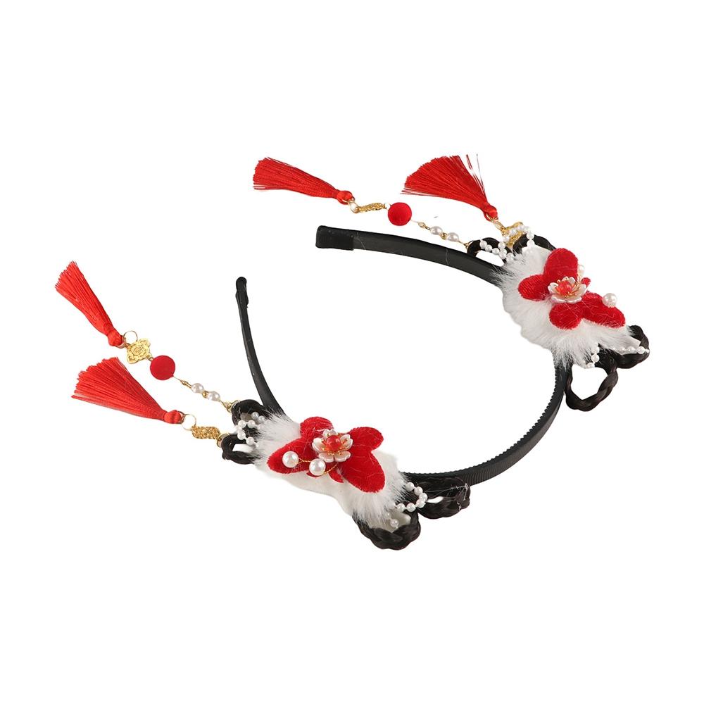 Red Hanfu Wig Headband Pearl New Year Headwear Traditional Flower Tassel Headband  Children