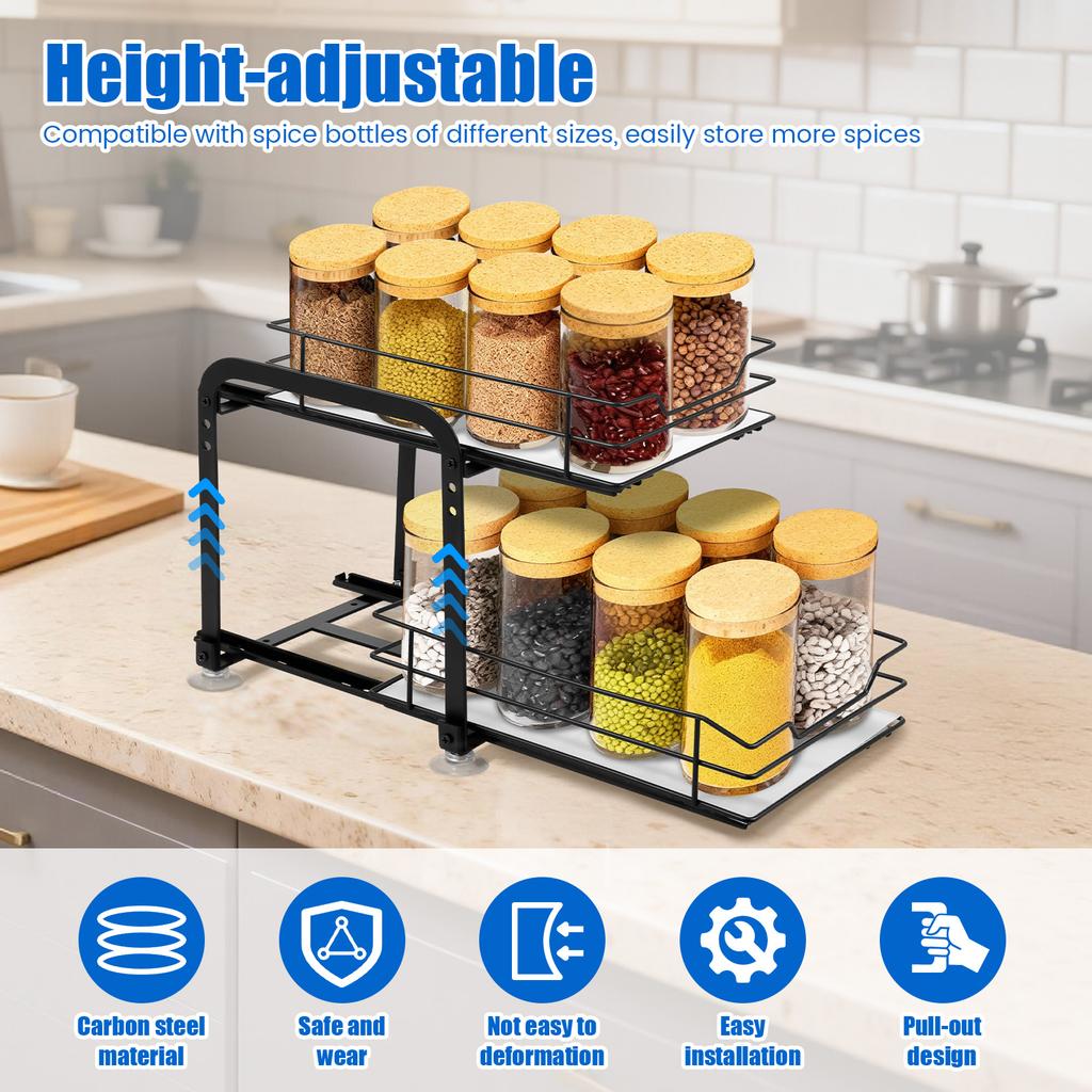 Pull-Out Under Sink Organizer Sliding Spice Storage Rack Height Adjustable Kitchen Bottle Can Cabinet Under Organizer Shelf