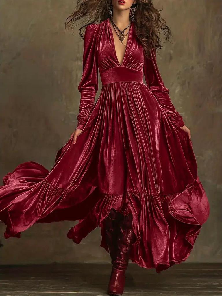 Vestido Elegante Retro de Terciopelo con Escote en V Profundo de Manga Larga hasta el Suelo de Corte A