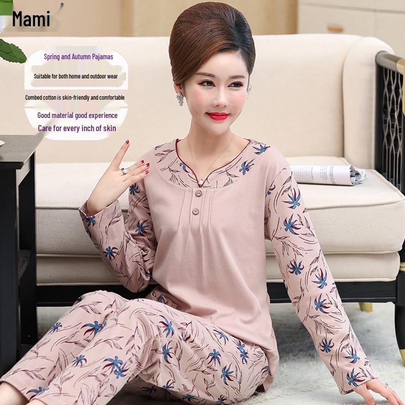 Women's Plus Size Knitted Cotton Home Wear for the Middle-Aged and Elderly - Suitable for Autumn and Spring