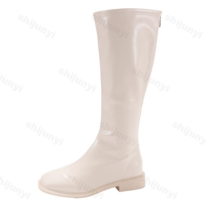 Moda Luksusowe Damskie Kozaki do Kolana Jednolity Kolor Okrągły Nosek Kwadratowy Obcas Tylne Zamki Szycie Wsuwane Moda Vintage Eleganckie Botas Mujer