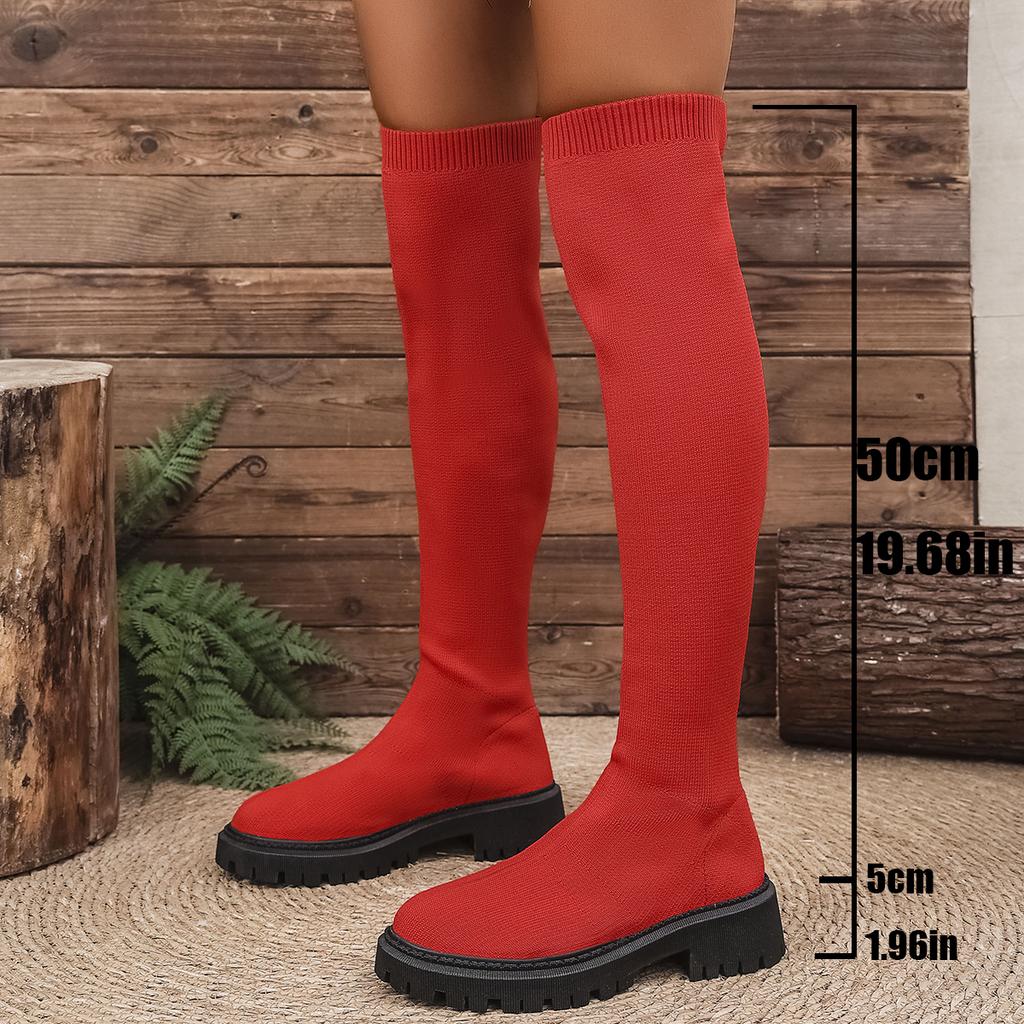 Fashion Stretchy Knit Over The Knee Long Boots for Women 2025 Autumn Fashion Thick Sole Non Slip Thigh High Boots Woman Plus Size 35-43