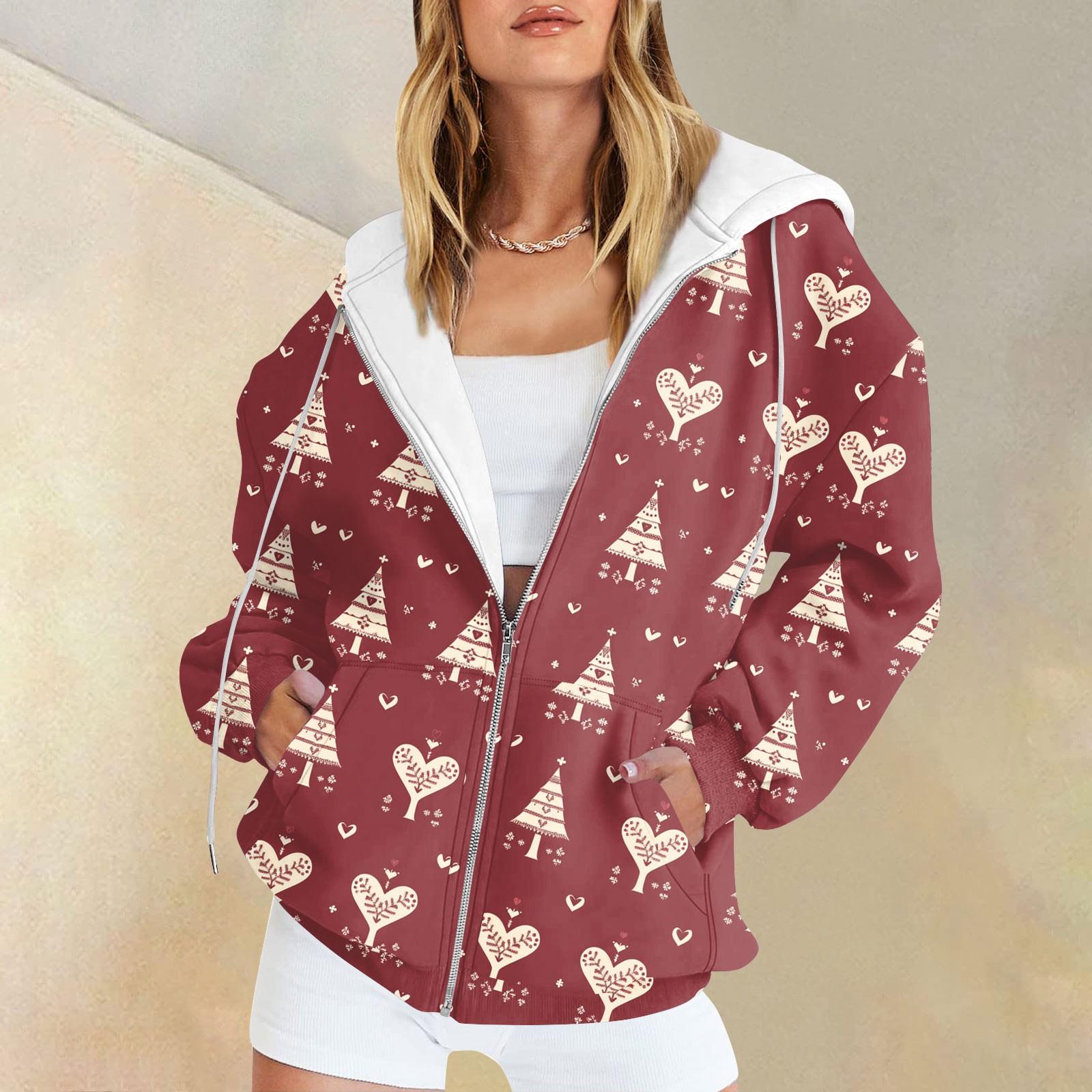 

Женская рождественская печатная толстовка, зимняя куртка-кардиган с длинными рукавами и карманами, на молнии, толстовка с капюшоном, верхняя одежда S киноварь