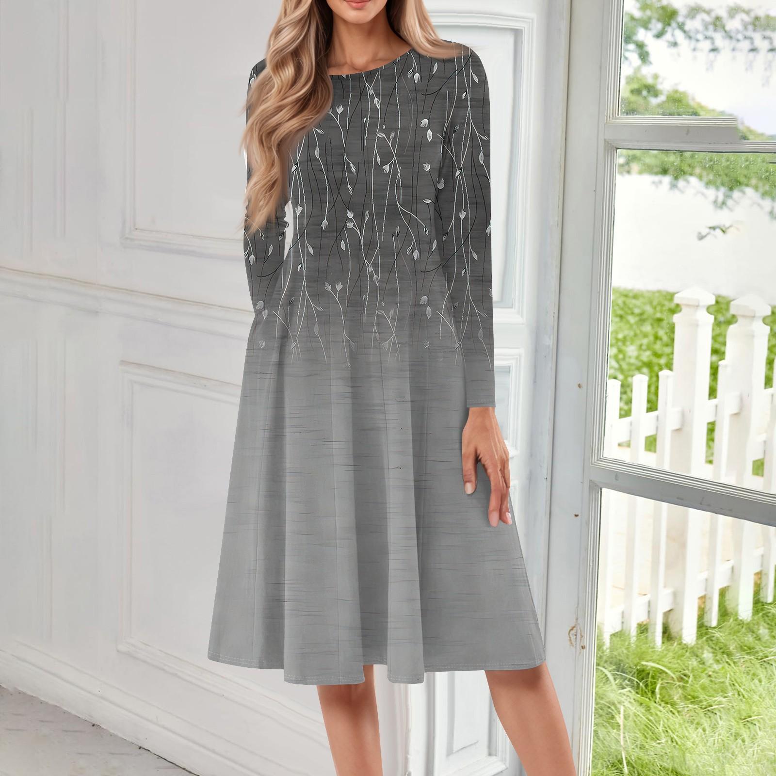 

Женское повседневное модное платье миди с круглым вырезом и длинными рукавами XXXL