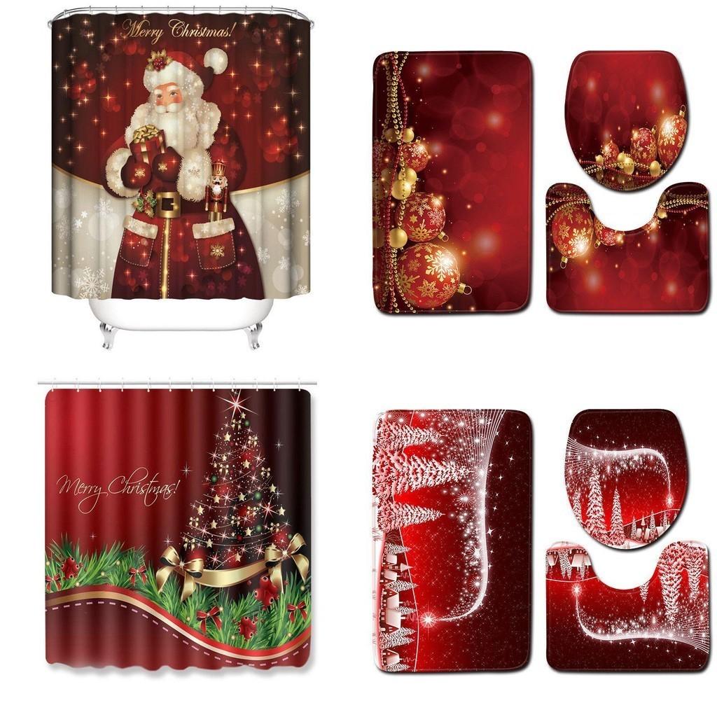 Elegant 4pcs Christmas Shower Curtain And Toilet Cushion Set For Joyful Bathroom Style