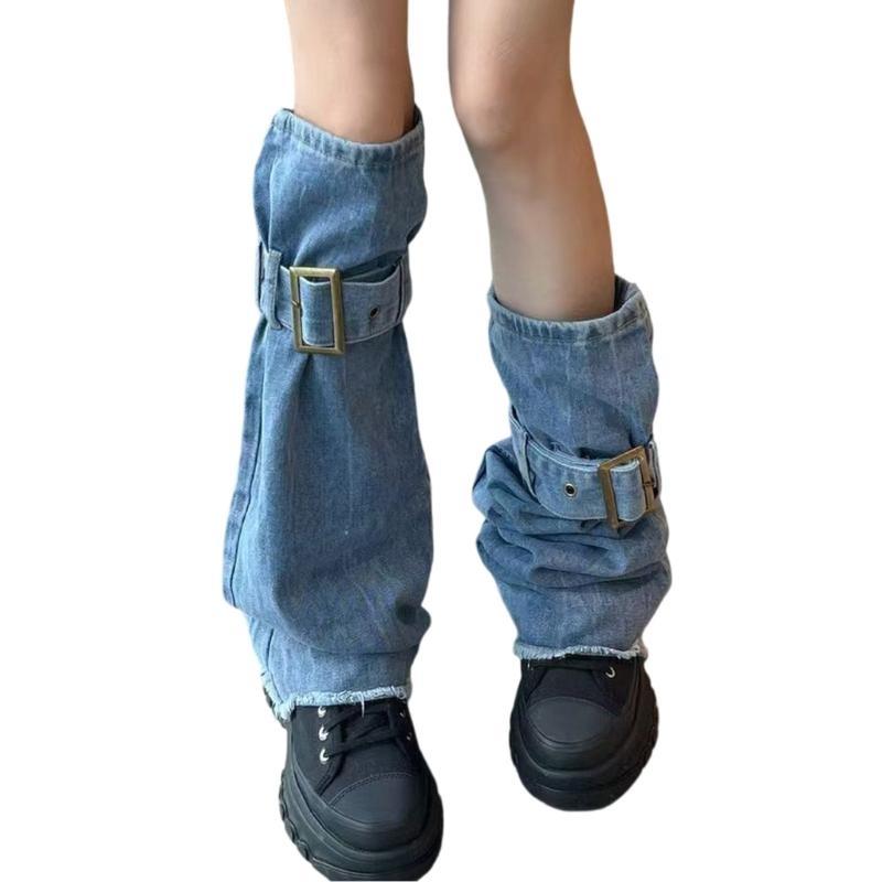 Harajuku Blue Leg Covers with Buckled Strap Washed Jeans Leg Warmer Flared Socks