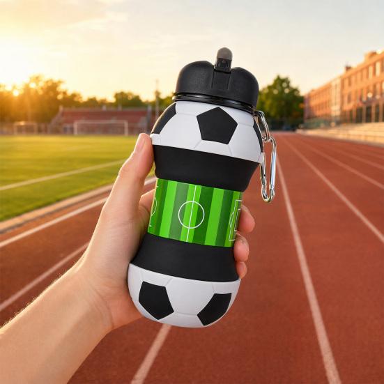 Collapsible Silicone Ball Water Bottle, 550ml Foldable Football Bottle with Climbing Buckle, Leak Proof Spill Resistant Outdoor Sports Travel Bottle
