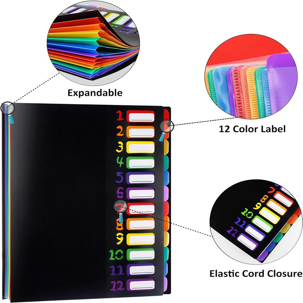 12kapesní rozšiřitelný třídič projektů, odolný, měsíční, plastový, rozšiřitelný složkový organizér, velikost A4/Letter, vícebarevný