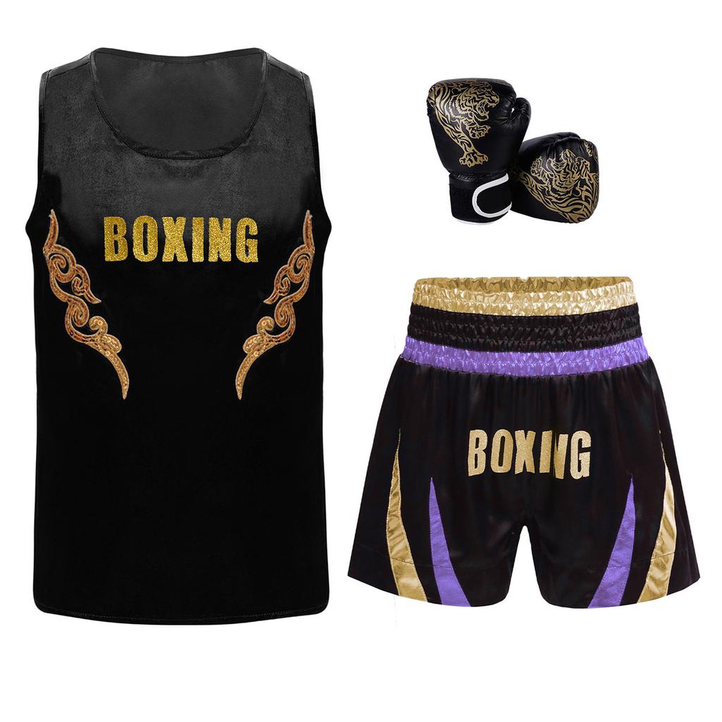 Muay Thai Gym Tops Kids Boxing Vest Boys Martial Arts Outfit Tank Top with Boxer Shorts Fight Grappling Costume Boxer Gloves