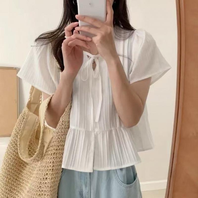 Summer Simple Slimming Lace Up Women s Top Commute Loose Fit Short Sleeved Shirts XS белый