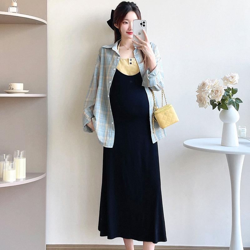 Spring 2026 Maternity Casual Two-Piece Set: Camisole Dress & Plaid Shirt