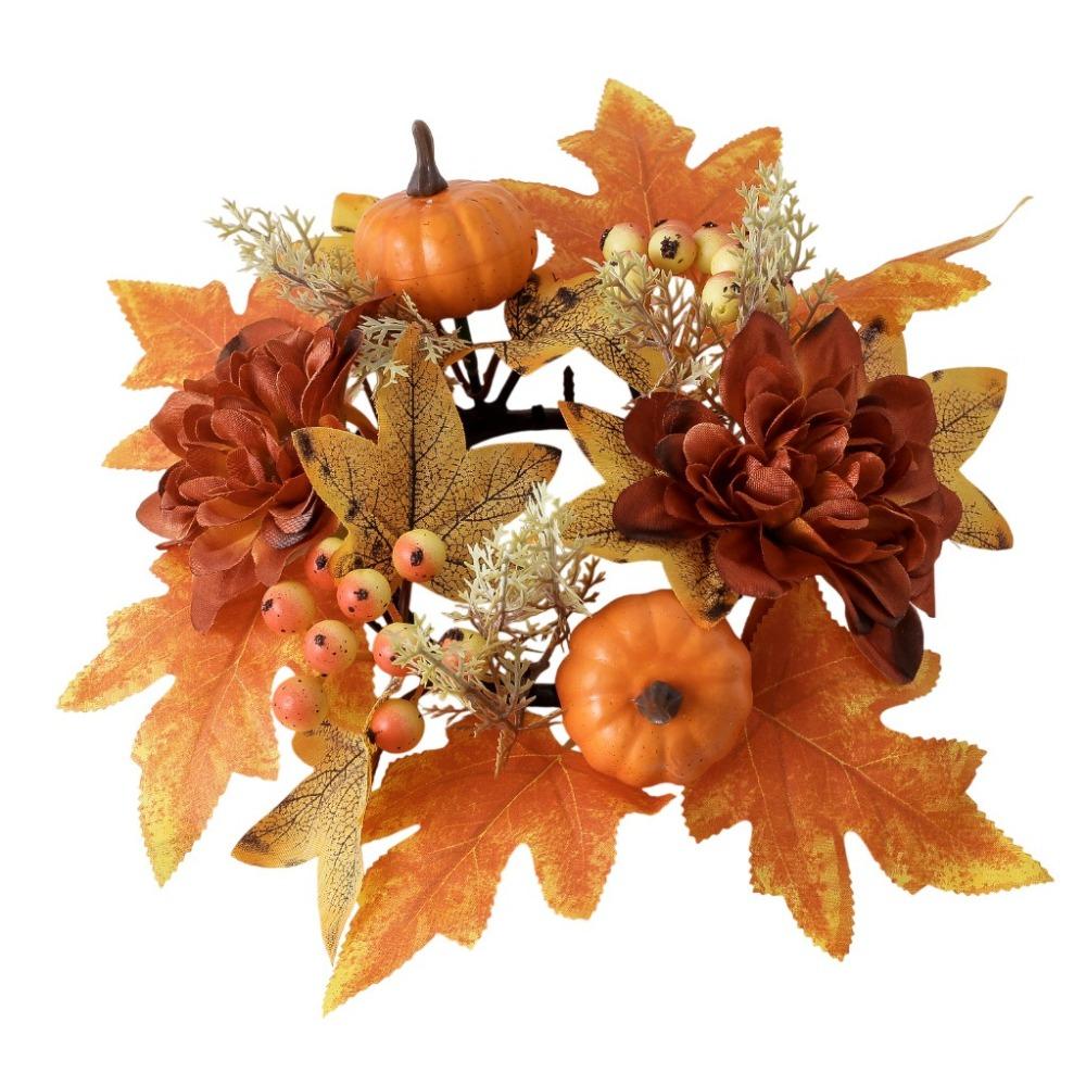 Simulated Maple Leaf Autumn Candle Wreath Faux Maple Leaf Harvest Decor Candle Ring Table Centerpiece 1pc Fall Candle Holder