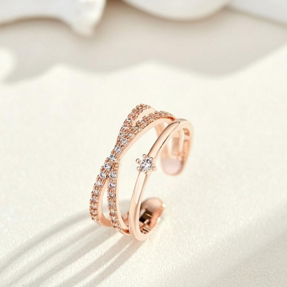 Luxury Zircon Crossed Rings Elegant Plain Ring Exquisite Women's Opening Ring  For Girls