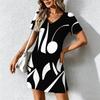Summer Fashion Women's V Neck Short Sleeve Geometric Lines Pattern Printed  Dress Sex Short Skirt Dresses