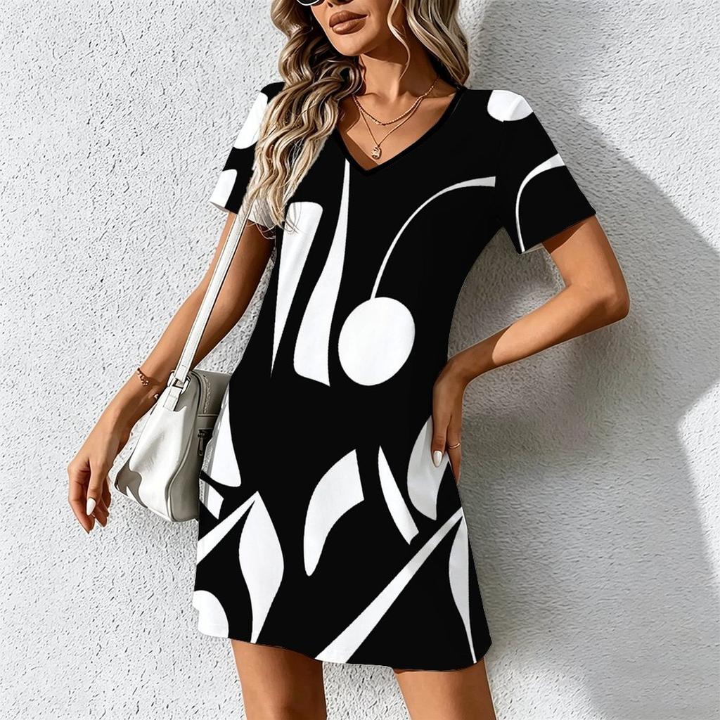Summer Fashion Women's V Neck Short Sleeve Geometric Lines Pattern Printed Dress Sex Short Skirt Dresses