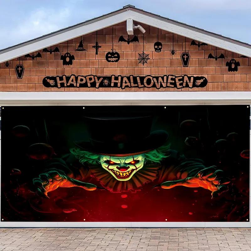 Halloween Garage Door Cover 180x400cm 100D Polyester Custom Halloween Pumpkin Lantern Forest Halloween Background
