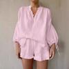 Women's Loose Casual Two-Piece Outfit Long Sleeve V Neck Blouse High Waist Shorts Set