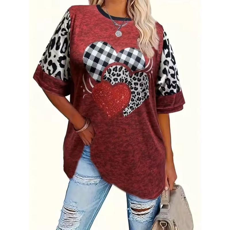 Women's Summer Comfortable Breathable Plus Size 3D Heart  Printed T-shirt- Soft Medium Stretch Polyester Fabric Summer Mens Relaxed Fit Clothing