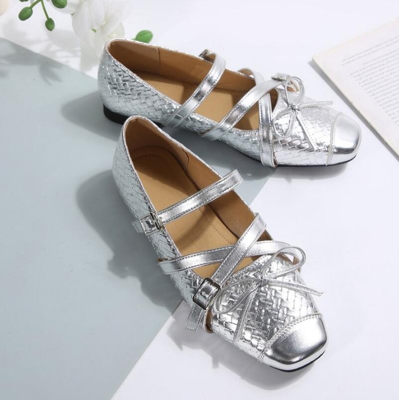Women's Mary Jane Shoes New Luxury Bow Ballet Flats Cute Lolita Single Shoes Ladies Silver Belt Buckle Footwear Elegant Fashion