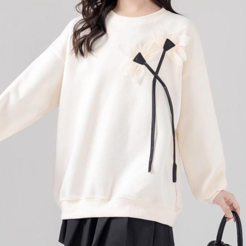 Women's 3D Decorative Hoodie Korean Version Loose Round Neck Flower Pattern Hoodless Sweatshirts Autumn Minimally Casual Daily Famale Top