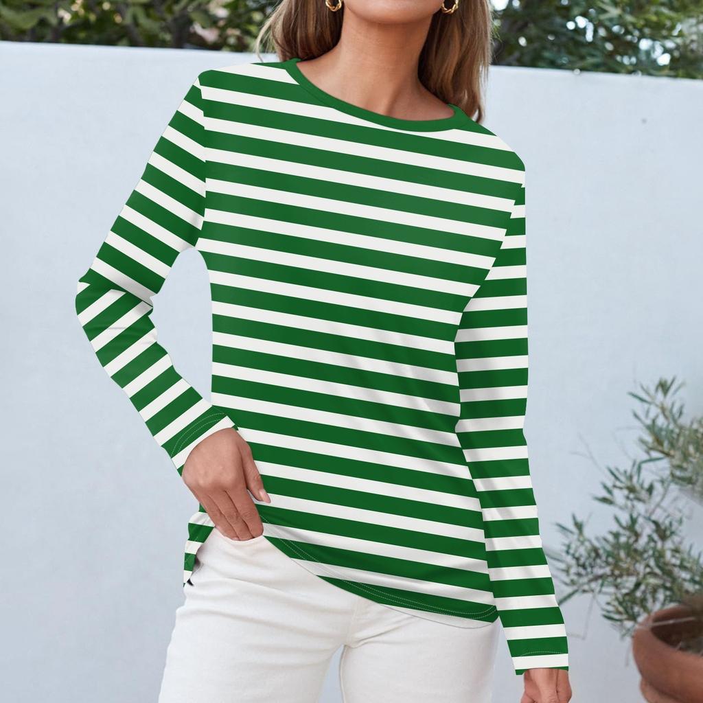 Women's Daily Casual Long-sleeved Striped Printed Crew-neck Top