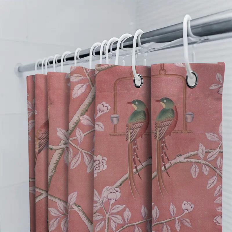 Vintage Bird Bathing Shower Curtain Decorative Home Decoration Pink Floral Design Bathroom Linen 72X84