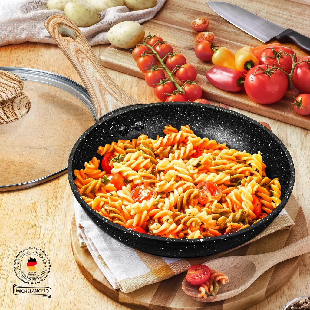 MICHELANGELO 30cm Frying Pan with Induction and Gas Serves and Safe and Easy To Black Marble-Coated Lid, Compatible, 4-5, Water-Repellent, Non-Stick,