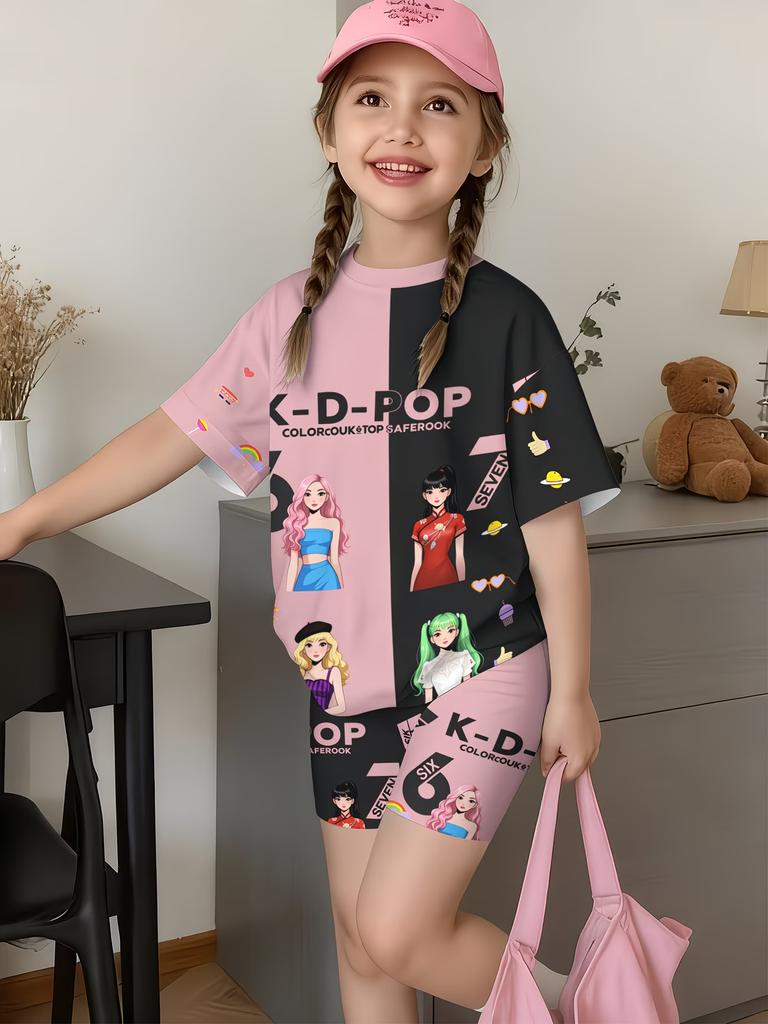 Costum Sport Kawaii cu Imprimeu Anime pentru Copii Design cu Scrisoare Norocoasă Tricou cu Mânecă Scurtă și Pantaloni Scurți Set din 2 Piese Haine Casual de Vară pentru Fete